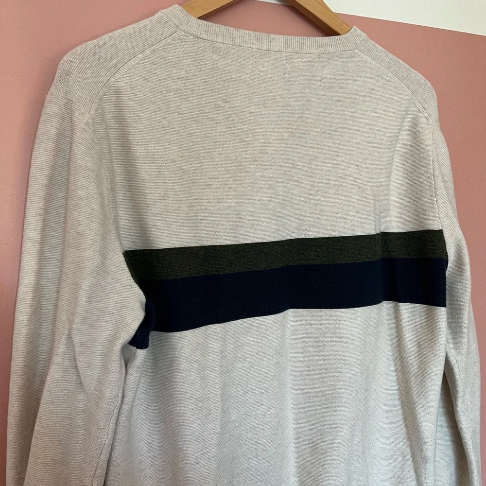 J. Crew Crewneck Sweater. Cream with Green and Navy stripes. Large. - Picture 4 of 4